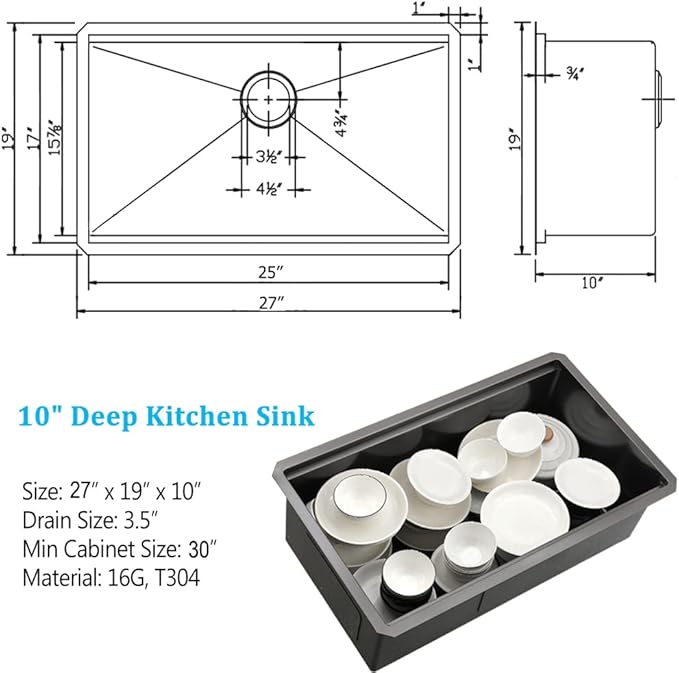27 inch Undermount Kitchen Sink Workstation 16 Gauge Black Stainless Steel Kitchen Sink Single Bowl Deep Basin