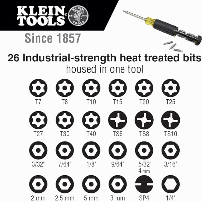 Klein Tools 32307 Multi-bit Tamperproof Screwdriver, 27-in-1 Tool with Torx, Hex, Torq and Spanner Bits with 1/4-Inch Nut Driver