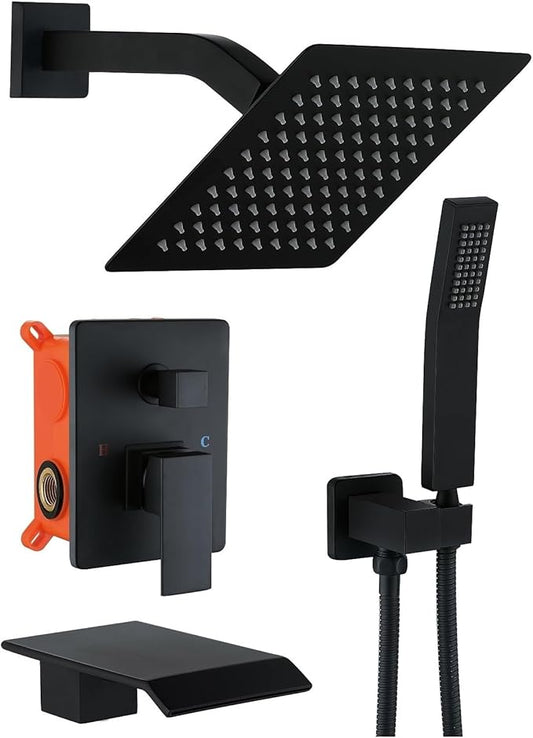 JOYWELL Bathtub Shower System Matte Black with 8 Inch Shower Head and Handheld Shower Tub Faucet Combo