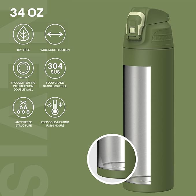 Insulated Sports Water Bottle, Stainless Steel Water Bottles with Locking Flip Top Lid, Insulated Bottle with Double-Wall Vacuum Insulation for Fitness and Outdoor Enthusiasts