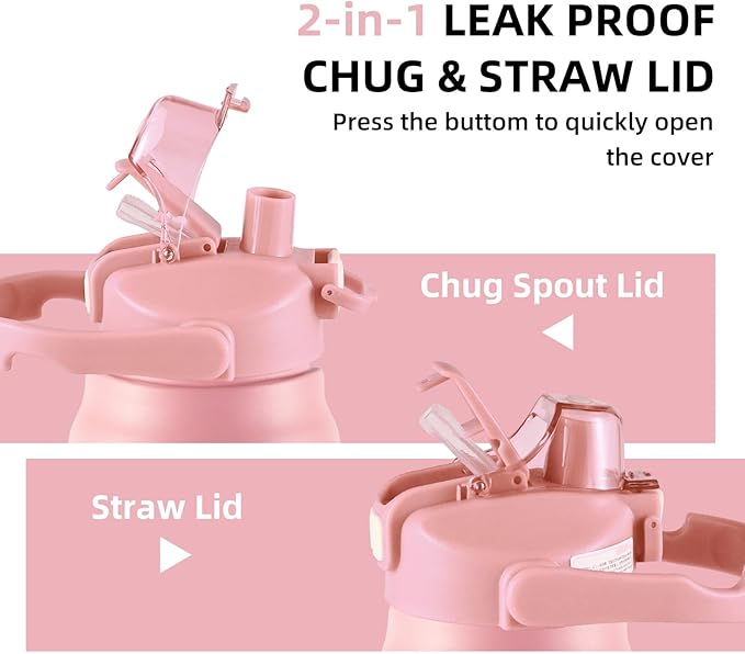 50oz/1.5L Insulated Sports Water Bottle, Stainless Steel Double Wall Water Jug with Handle, 2-in-1 Chug Spout and Straw Lid with Lock Cover for School, Outdoor, Sports & Travel, Pink