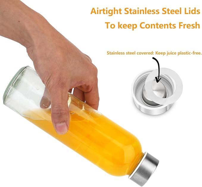 Glass Juice Bottles with Lids for Juicing 18 oz, Reusable Clear Glass Water Bottles with Stainless Steel Airtight Cap for Refrigerator, 100% Leak Proof, BPA Free, Set of 12