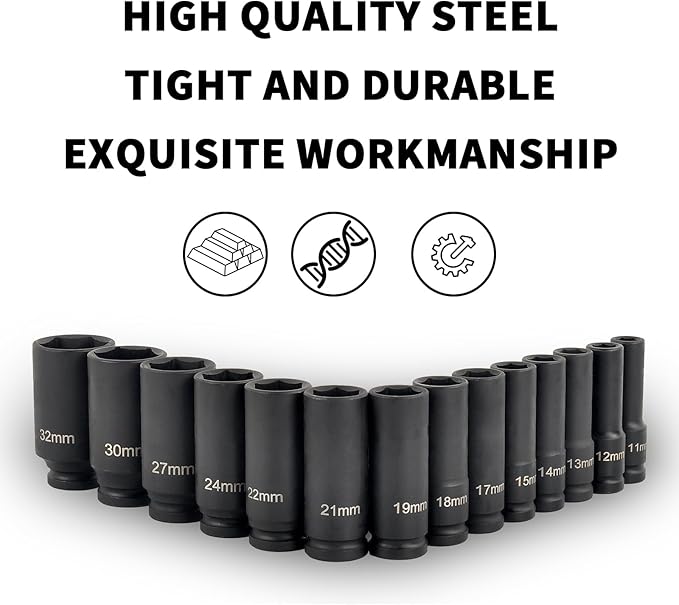 1/2" Drive Deep Impact Socket Set, 14 Piece 6 Point Metric Sizes 11-32mm(11 12 13 14 15 17 18 19 21 22 24 27 30 32mm),Cr-V Steel,Deep Socket Set 1/2 Drive
