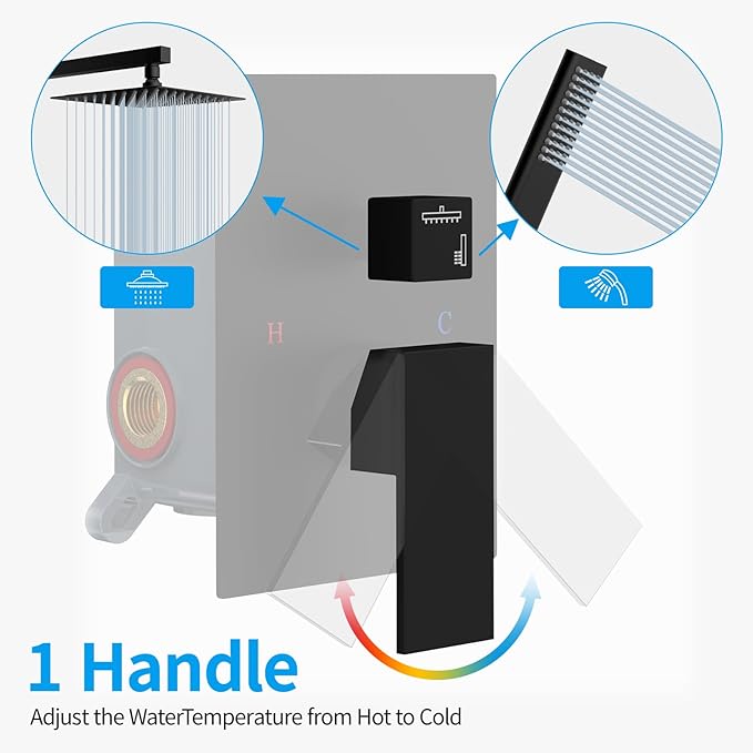 Black Shower System Sets Faucet: EMBATHER 10 Inch Overhead Rainhead Shower Combo Set with Handheld and Valve-Luxury Rain Mixer Rainfall Black Shower Faucets Sets Complete