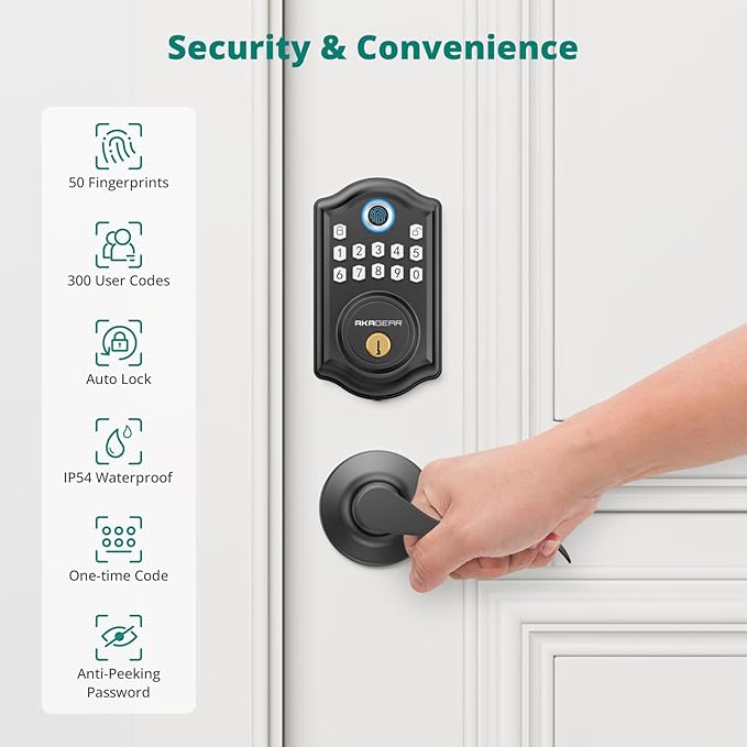 DS10 Keyless Entry Door Lock with Handle - 2 Lever Handles, Fingerprint Door Lock, Keypad Deadbolt, 2 Keys, Code, Smart Locks for Front Door, Auto-Lock, Easy Installation - Matte Black