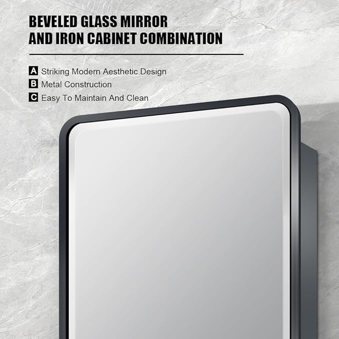16×26inch Medicine Cabinet,Mirror Cabinet with Beveled Mirror,Solf Close Hinge,Brushed Metal Framed,Detachable Side Plate for Recess Mount or Surface Mount,Black