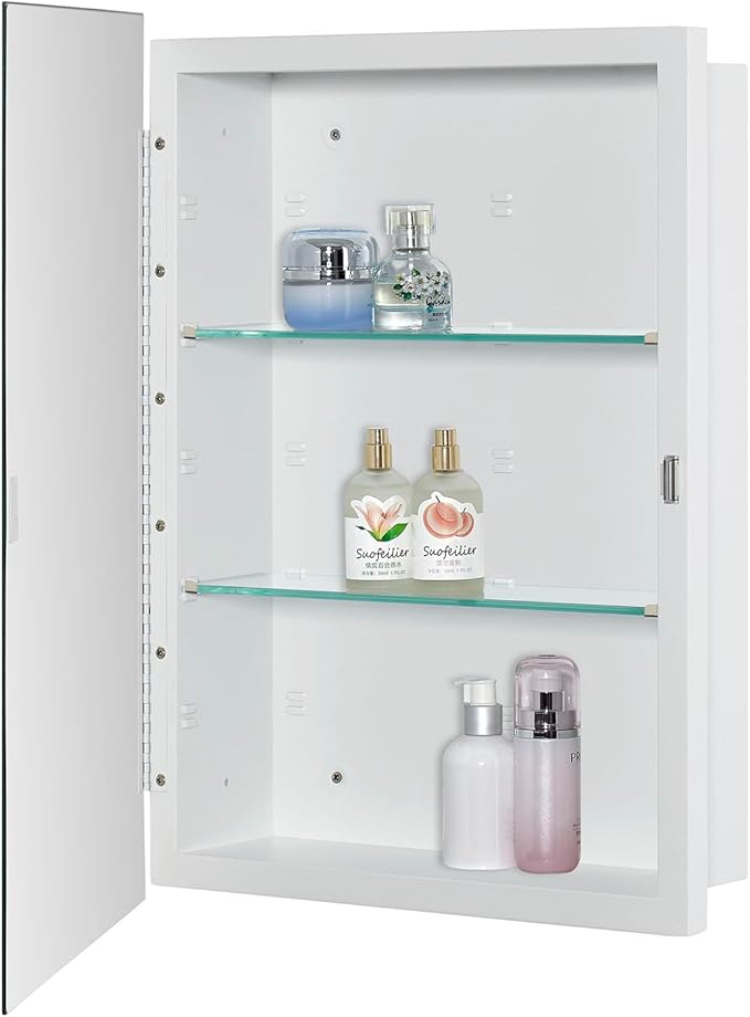 Bathroom Medicine Cabinet with Beveled Edge Mirrored Door 16 x 22 inch, Recessed or Surface Mount, with Adjustable Glass Shelves