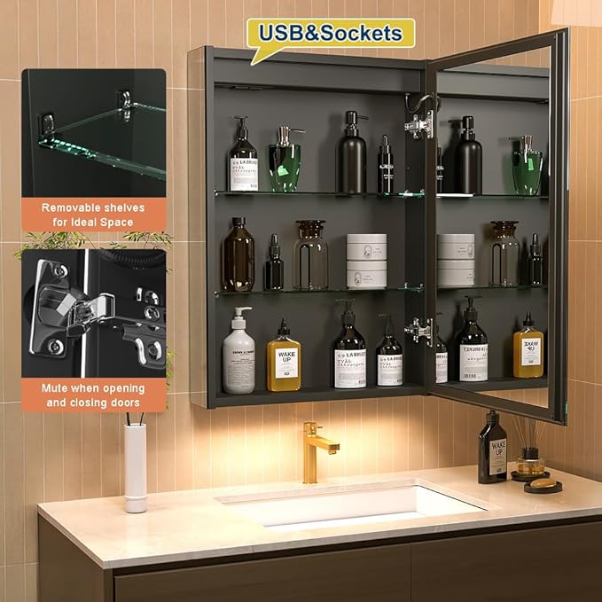 LED Lighted Bathroom Medicine Mirror Cabinet with Sockets & USBs, Anti-Fog Dimmable Light and Color Adjustment, Antirust and Easy to Install Aluminum Cabinet (Right Hinge, 28" L x 20" W)