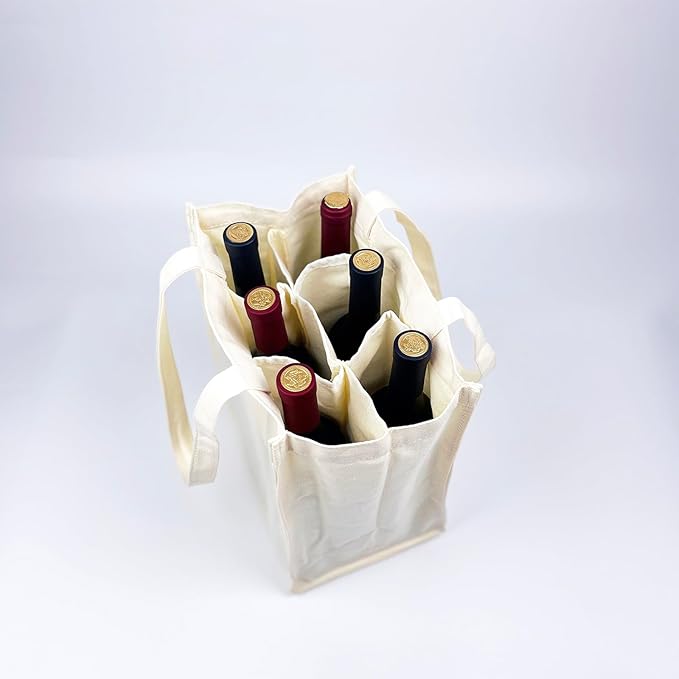 Canvas Wine Tote for 6 Bottles, Cotton Wine Bag with 6 Divider Reusable Wine Bottle Carrier Bag Holder for Travel Camping Picnic Wine Lover Gift
