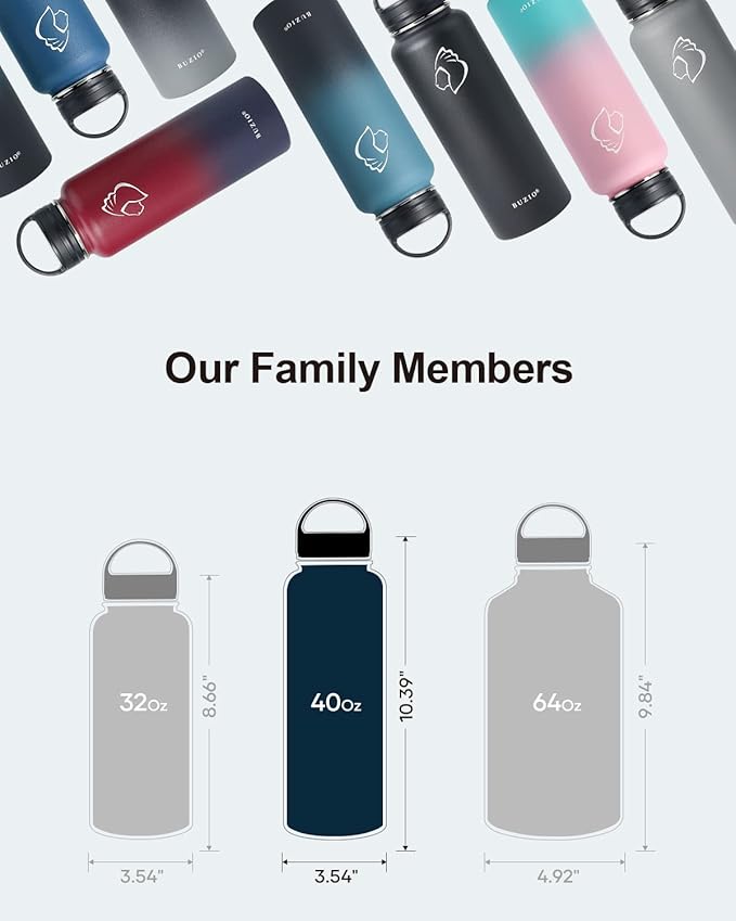 BUZIO Water Bottle with Straw lid, Spout Lid, Hand Lid and Carrying Pouch, 32oz 40oz 64oz Stainless Steel Water Flask Jug, Cold for 48 Hrs Hot for 24 Hrs Double Vacuum Thermo Canteen Mug, BPA-Free