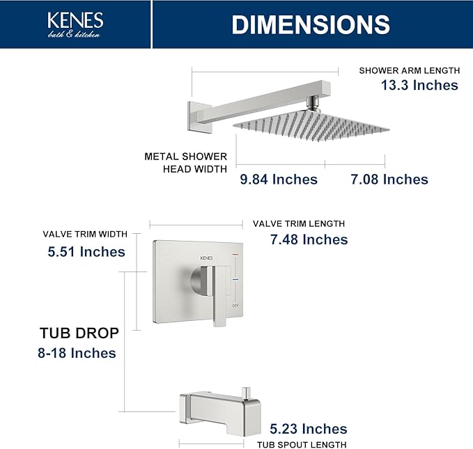 KENES Brushed Nickel Shower Faucet, Tub and Shower Trim Kit with 8-Inch Rain Shower Head, Modern Single-Spray Shower Faucet Set, KE-6024A (Shower Valve Included)