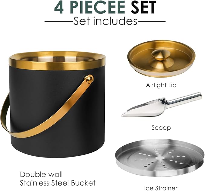 3L Double-Wall Insulated Stainless Steel Ice Bucket with scoop for Cocktail Bar - Metal Ice Bucket for freezer with Lid for parties,ice holder,champagne bucket,bar cart accessories (black)
