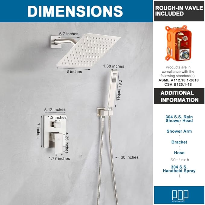 POP SANITARYWARE Shower System Brushed Nickel Bathroom Rainfall Shower Faucet Set Complete Wall Mounted 8 Inch Shower Head and Handle Set with Rough-in Valve Body and Trim Kit
