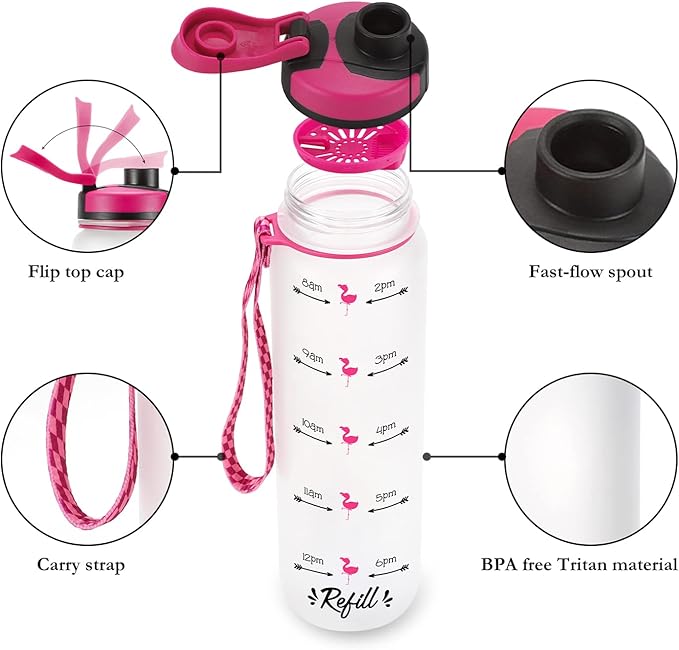 LEADO 32 oz 1 Liter Motivational Tracking Water Bottle with Times to Drink - for Flock Sake Drink Your Water - Funny Mothers Day, Flamingo Birthday Gifts for Women, Friends, Mom, Daughter, Her