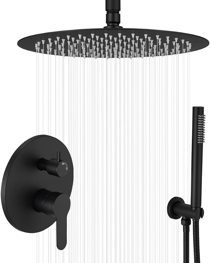 Matte Black Ceiling Mount Round Rain Shower System with 16 Inch Shower Head and Handheld Bathroom Shower Set Contain Shower Faucet Trim Kit (Mixer Valve Included)