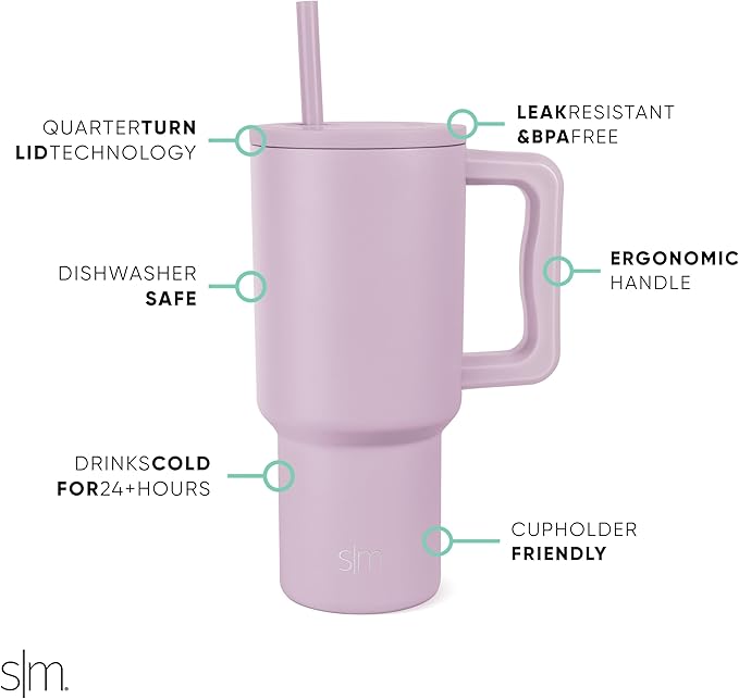 Simple Modern 30 oz Tumbler with Handle and Straw Lid | Insulated Cup Reusable Stainless Steel Water Bottle Travel Mug Cupholder Friendly | Gifts for Women Him Her | Trek Collection | Lavender Mist