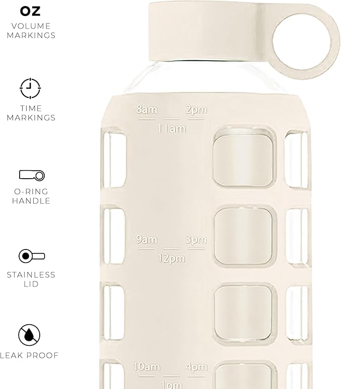 purifyou Premium 40/32 / 22/12 oz Glass Water Bottles with Volume & Times to Drink, Silicone Sleeve & Stainless Steel Lid Insert, Reusable Bottle for Fridge Water, Milk, Juice (22oz Pearled Ivory)