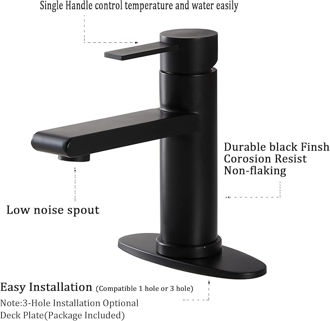 Black Bathroom Faucet Single Hole Bathroom Sink Faucet, Matte Black Single Handle Vanity Basin Faucet with Supply Deck Plate, Modern Farmhouse RV Faucet 1 or 3 Holes