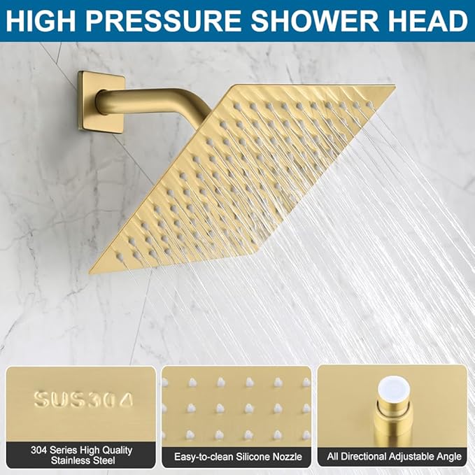 POP SANITARYWARE Brushed Gold Shower System Bathroom Shower Faucet Set with Tub Spout Wall Mounted 8 Inch Shower Head and Handle Set with Handheld 3 Function Tub and Shower Trim Kit with Valve