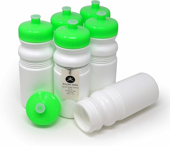 Rolling Sands 20 Oz Sports Water Bottles 6 Pk, Made In USA, BPA-Free, Dishwasher Safe, White Bottles/Neon Lime Green Lids
