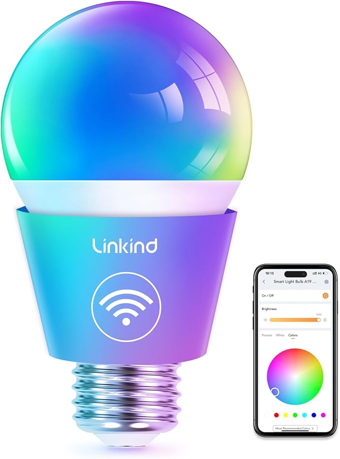 Linkind Smart Light Bulbs, WiFi Bulbs Work with Alexa & Google Home, RGBTW Color Changing Light Bulb with APP Control, 9W LED Smart Bulb Equivalent 60W, A19 E26 Alexa Light 2.4Ghz 800LM Dimmable
