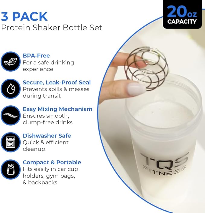 Protein Shaker Bottle Set 3 pack - BPA-Free Shaker Cups for Protein Shakes and Pre Workout - Dishwasher Safe Workout Bottles - Leak-Proof & Durable Mixer Cup - Blender Cups by TQS Fitness - 20oz