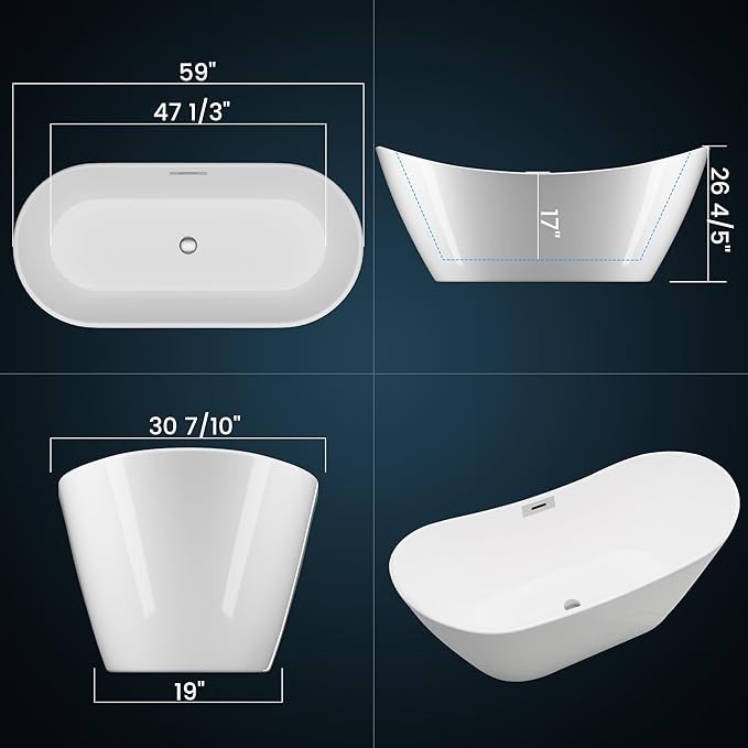 Acrylic Freestanding Bathtub, Deep Soaking Tub with Non-Slip Base, CUPC Certified Free Standing Tub, Chrome Drain Bath Tub, Modern Tub for Bathrooms, White, 59Inch