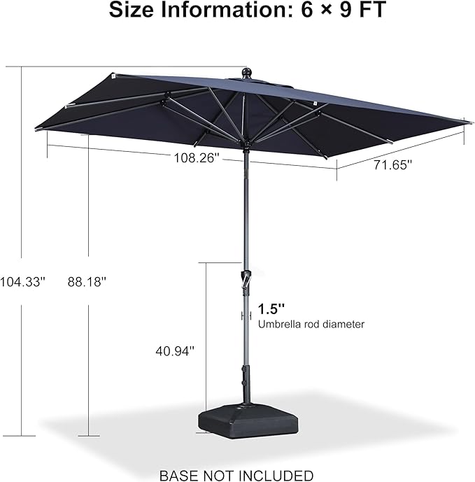 PURPLE LEAF 9' x 6' Rectangular Patio Umbrella Outdoor Table Umbrella Aluminum Frame Market Umbrella Sun Umbrella with 8 Sturdy Ribs Tilt for Garden Deck Lawn Pool Navy Blue