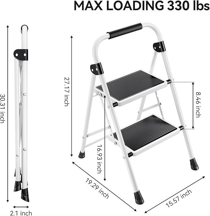 KINGRACK 2 Step Ladder, Folding Step Stool with Anti-Slip and Wide Pedal, Lightweight Stepladder with Handrails, Portable for Kitchen, Household, White