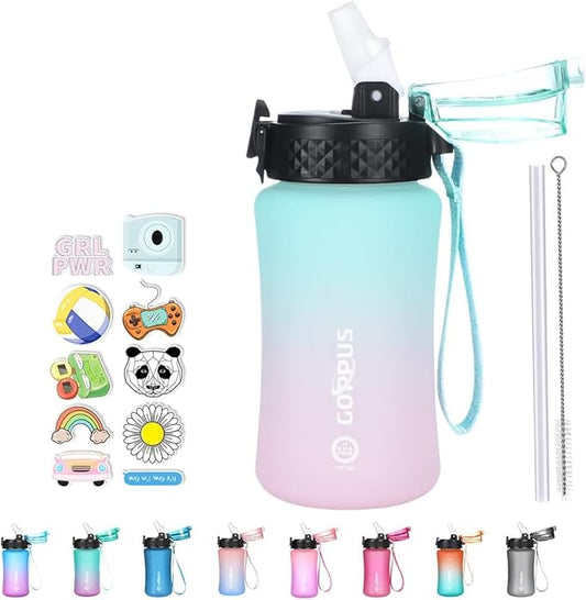 GOPPUS Kids Water Bottle with Straw Spout Lid 10pcs Stickers 12 oz Leak-proof BPA Free Motivational Time Marker Tritan Plastic Water Bottles for Girls Boys School Sports