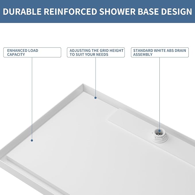 Acrylic Shower Base with Left or Right Drain, Single Threshold, Rectangular Shower Pan, Slip-Resistant Textured Surface,Includes Stainless Steel Chrome Trench Cover (white, 60"×32"×4")