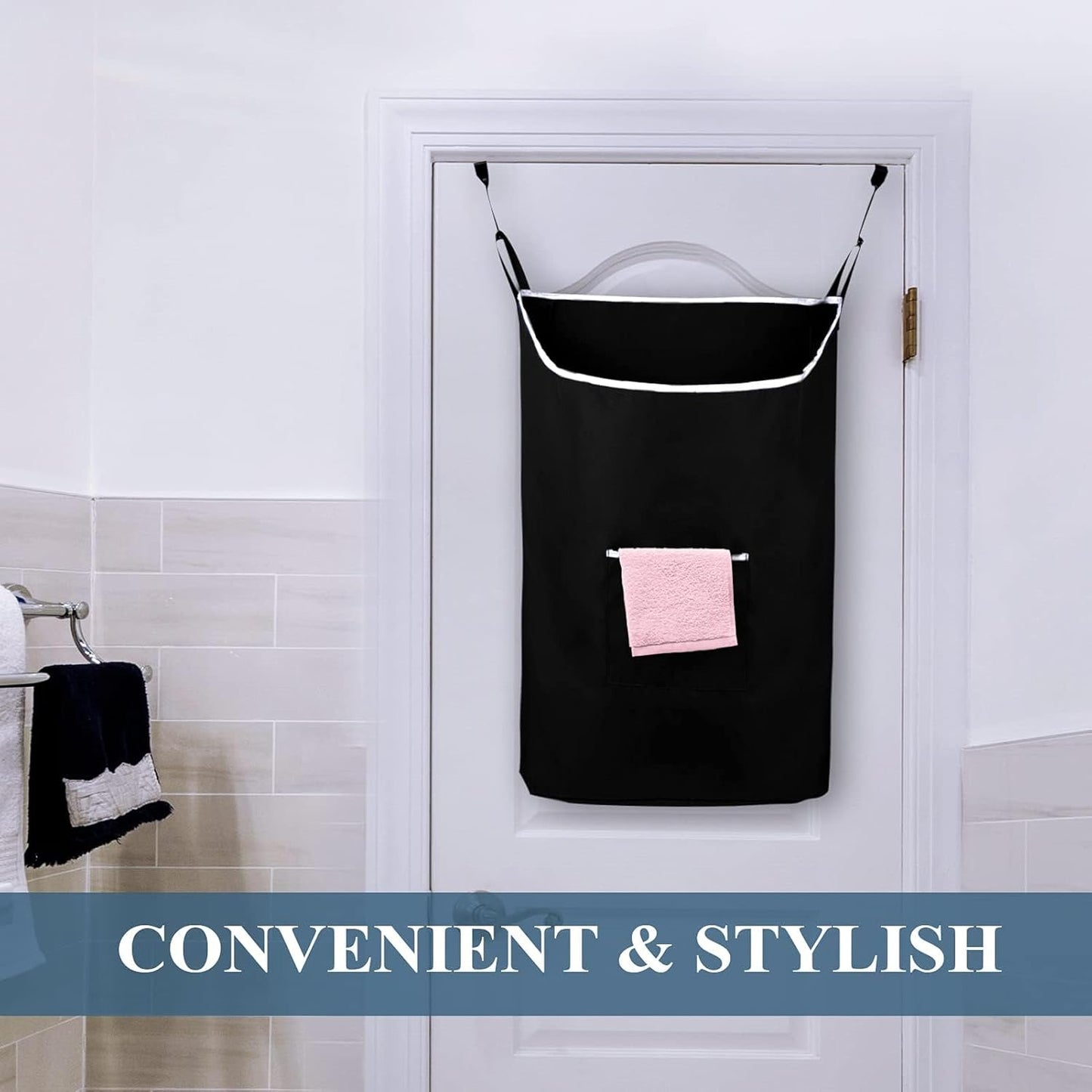 The Fine Living Co. X-Large Hanging Laundry Hamper with Over Door Hooks & Adhesive,Durable Space Saving Laundry Bag with Zipper and Wide Open Top,Hanging Dorm Laundry Hamper 20"x3.75"x31" (Black-XL)