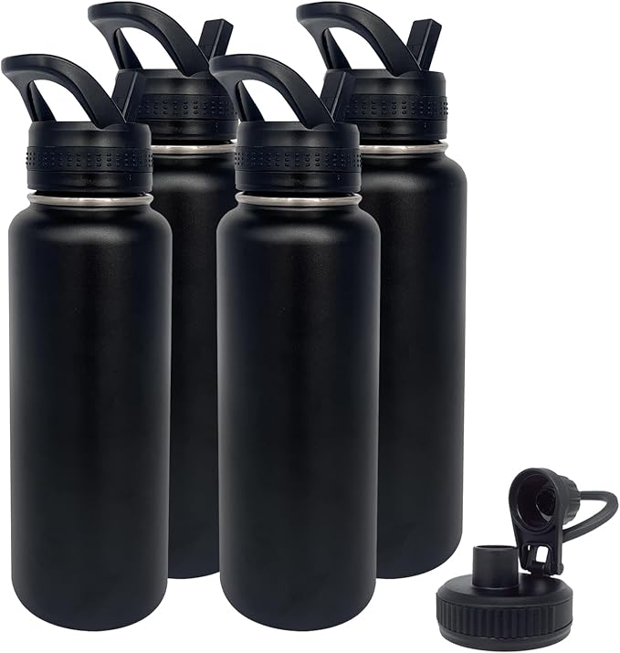 4pack 40 oz Insulated Water Bottle With Straw, Stainless Steel Sports Water Cup Flask with 2 Lids, Wide Mouth Travel Thermal Mug,Black