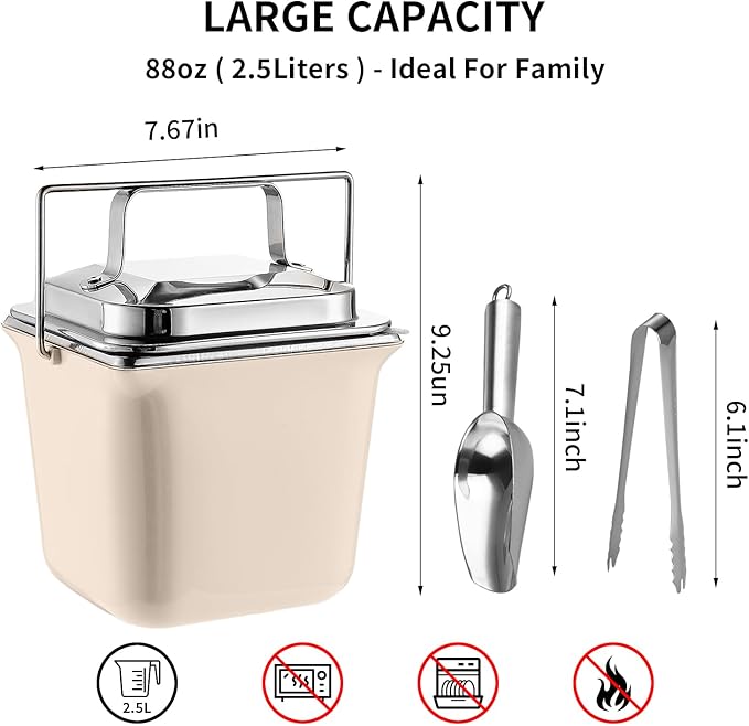 Insulated Ice Bucket with Lid, Ice Scoop & Tongs, 2.5L Double Wall Stainless Steel Champagne Buckets for Cocktail Bar Wine Parties, Versatile Food Container for Hot Soup Ice Cube, Ivory White