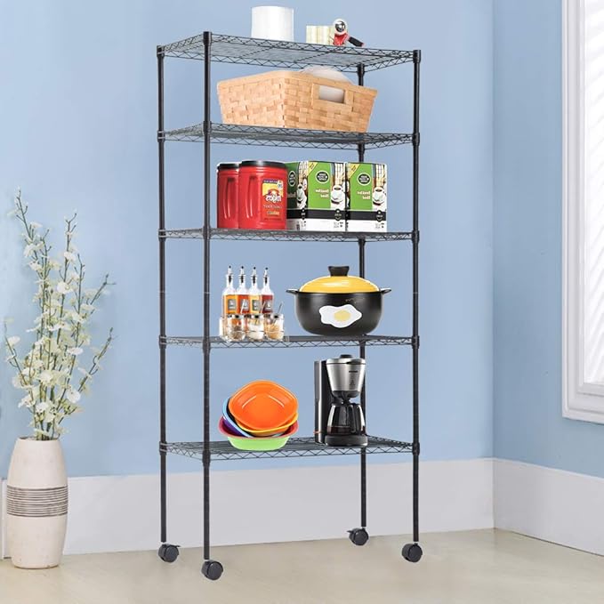 BestOffice | 5-Tier Wire Storage Shelves with Wheels | 14x30x60 | Black | Adjustable Racks | Heavy-Duty Metal Shelf, Holds Upto 220 lbs | No-Tool Assembly | Ideal for Home & Garage Shelving