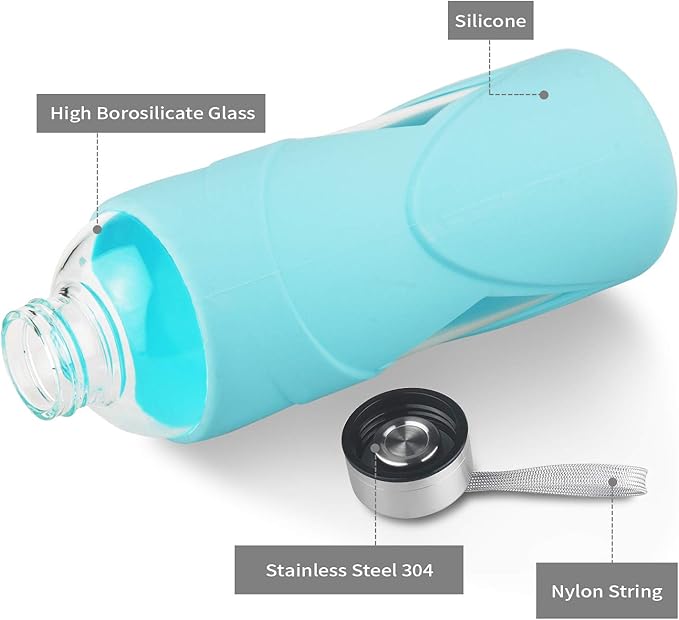 32 oz Borosilicate Glass Water Bottle BPA Free Reusable Glass Drinking Bottle with Silicone Sleeve and Stainless steel Lid