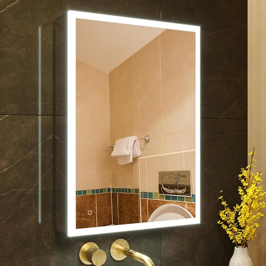 KWW LED Lighted Bathroom Medicine Cabinet with Sockets & USBs, Dimmable, 3 Color Light Makeup Mirror, Easy to Install, Wall Mounted Cabinet (20 * 28)