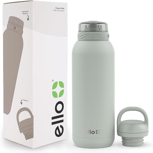 Ello Cooper 40oz Stainless Steel Water Bottle with 2 Lids Chug and Straw | Leak Proof | Double Walled and Vacuum Insulated | Built in Carry Loop | Dishwasher Safe | Sage