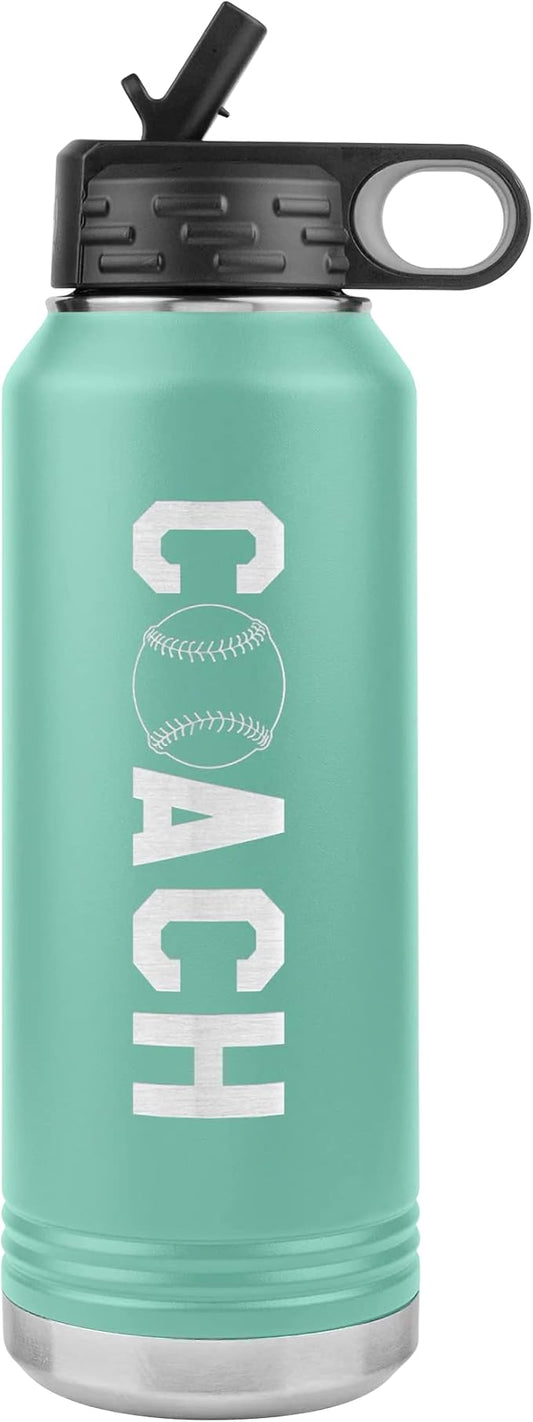 Baseball Coach Water Bottle - 32oz Insulated Engraved Stainless Steel Flip Top with Straw Baseball Coach Gift Teal