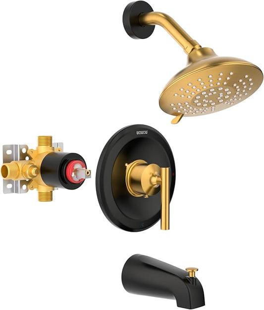 Shower Faucet Set with Valve, WOWOW Shower Trim Kit with 6-Inch Rain Shower Head and Tub Spout, Single Handle Shower Tub Combo complete Sets Wall Mount, Black and Gold
