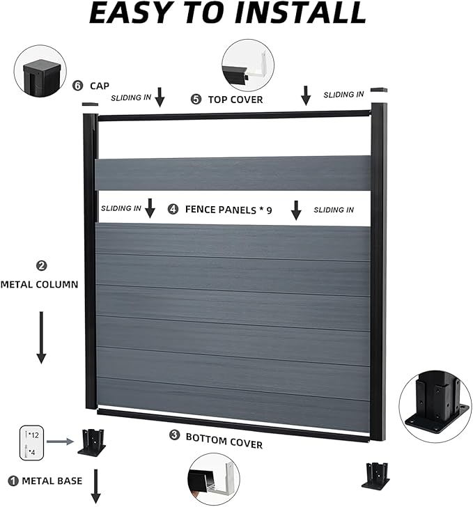 6 Ft×12 Ft Wood Plastic Composite Fence Panels, Privacy Fence Screen, Decorative Garden, Patio, Backyard Fence with 3 Post