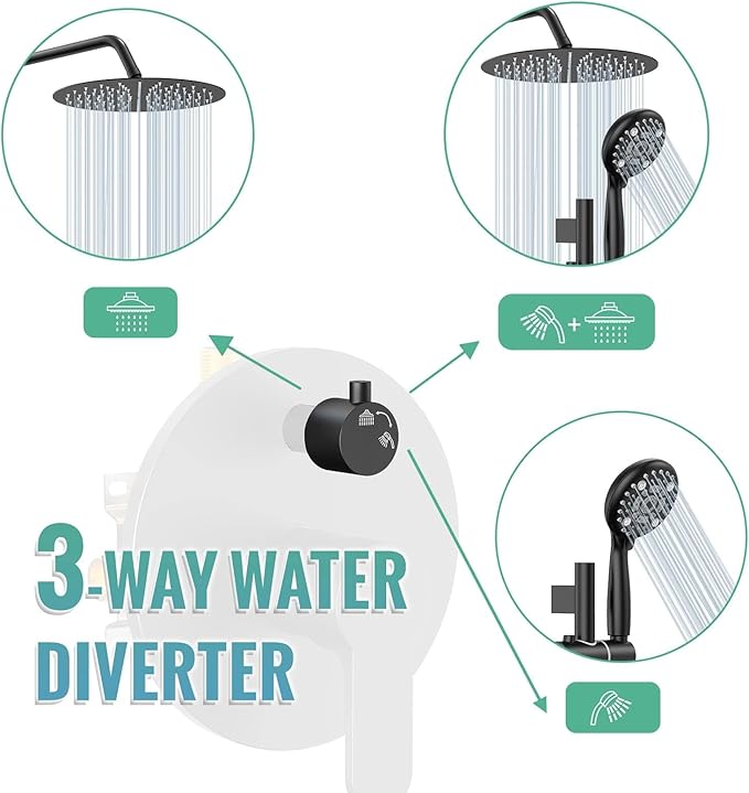 SR SUN RISE 12 Inch Slide Bar Shower System, Round Shower Faucets Sets Complete Rain Shower head and 6-Spray Handheld Combo, Wall Mounted Dual Shower Faucet Included Valve and Trim Kit, Matte Black