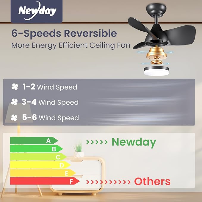 Newday Ceiling Fan with Lights Remote Control, 22 inch Quiet DC Motor Small Ceiling Fans, Dimmable Ceiling Fan for Bedroom, Kids Room, Kitchen (Black)
