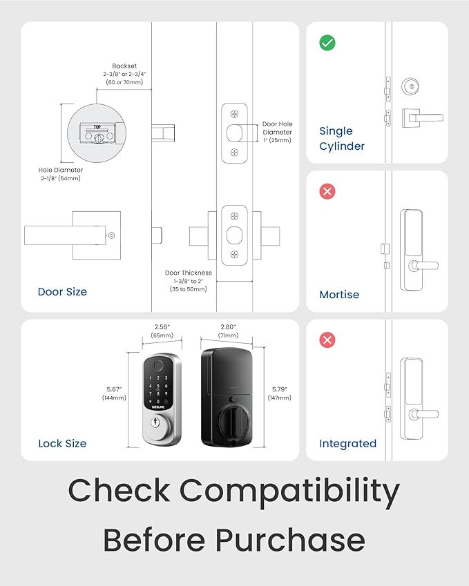 DESLOC Smart Door Lock B200, Smart Deadbolt Lock, Keyless Entry Door Lock, Fingerprint Smart Lock, Smart Locks for Front Door, App Control, Touchscreen Keypad Deadbolts,12-Month Battery, Silver