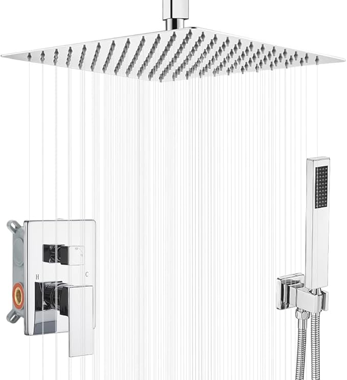 16 Inch Polished Chrome Ceiling Mount Shower System Bathroom Luxury Rain Mixer Shower Combo Set Ceiling Rainfall Shower Head System Faucet Contain Rough-in Valve and Trim Included