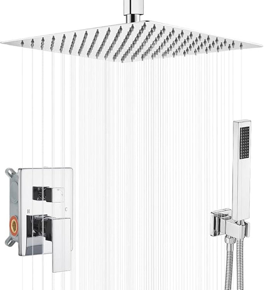 16 Inch Polished Chrome Ceiling Mount Shower System Bathroom Luxury Rain Mixer Shower Combo Set Ceiling Rainfall Shower Head System Faucet Contain Rough-in Valve and Trim Included