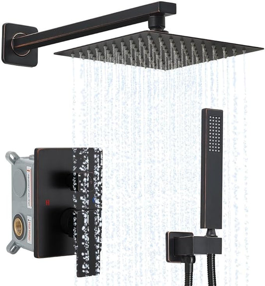 Oil Rubbed Bronze Shower System YCAIKOI Wall Mount Shower Faucet Set for Bathroom 10 Inch High Pressure Luxury Shower Head with Handheld, Rough-in Valve Body and Trim Included