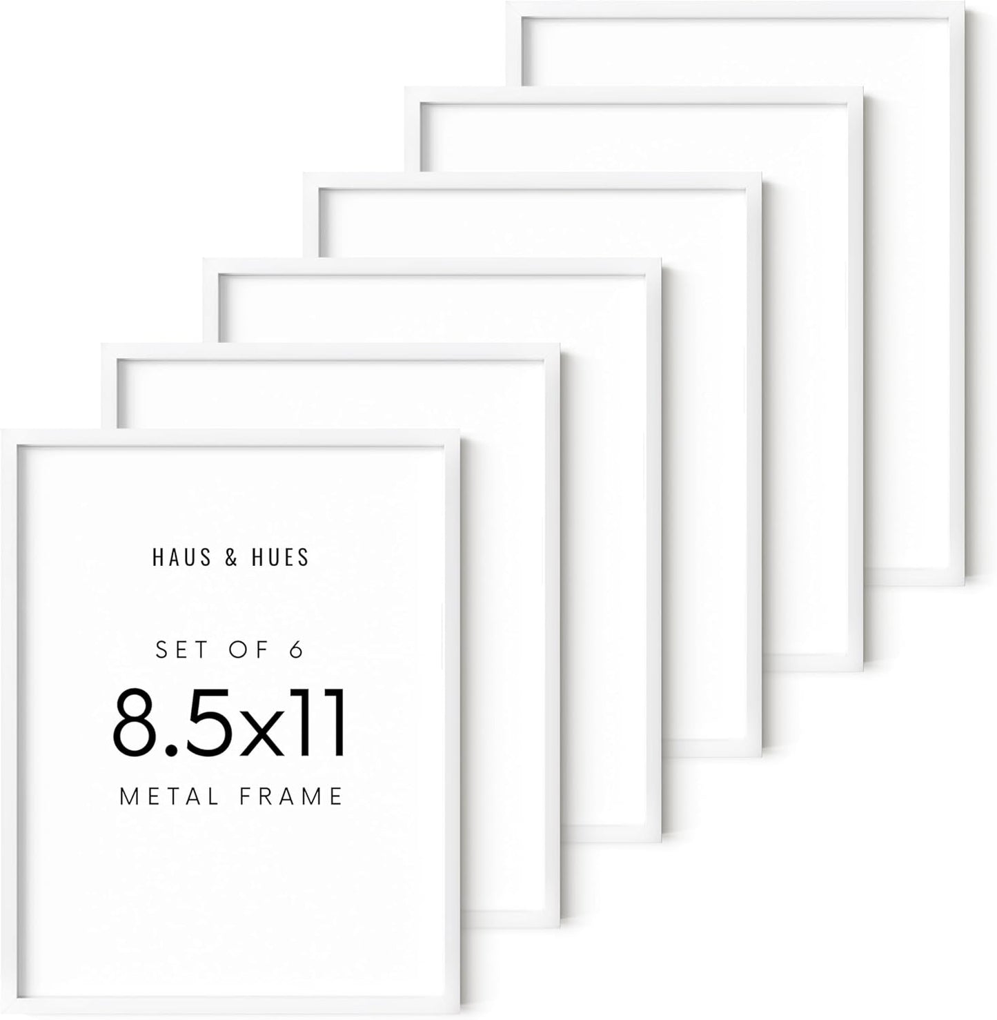 HAUS AND HUES 8.5x11 White Metal Picture Frames - Features Premium Aluminum, Shatterproof Plexiglass - Perfect for Diplomas, Documents, Certificates (8.5x11 in, White, Set of 6)