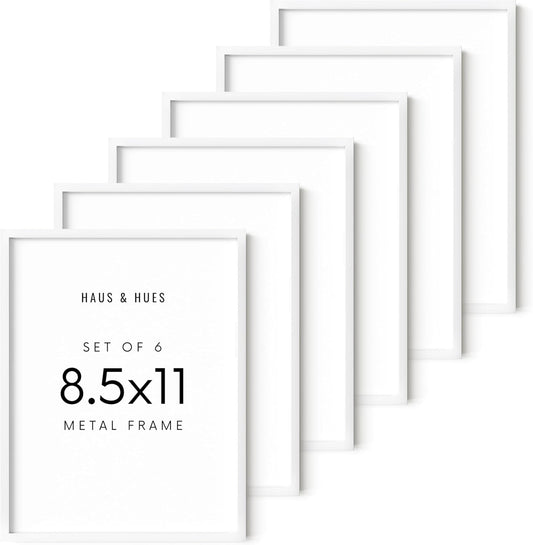 HAUS AND HUES 8.5x11 White Metal Picture Frames - Features Premium Aluminum, Shatterproof Plexiglass - Perfect for Diplomas, Documents, Certificates (8.5x11 in, White, Set of 6)