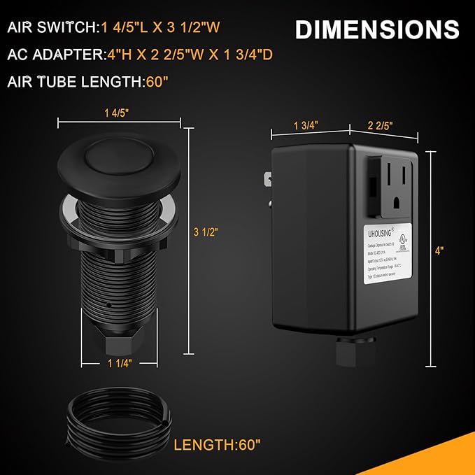 Garbage Disposal Air Switch Kit - UL Certified Sink Top Switch with Long 3.5" Brass Button by UHOUSING, Complete All-in-One Kit for All Disposals (Matte Black)